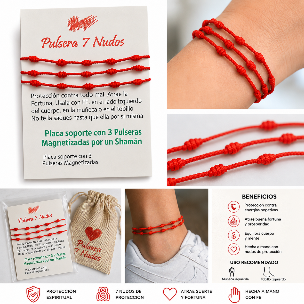KIT x3 PULSERAS ROJAS 7 NUDOS PROTECCIÓN